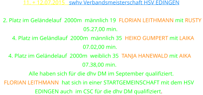 11. + 12.07.2015   swhv VERBANDSMEISTERSCHAFT HSV EDINGEN    2. Platz im Geländelauf  2000m  männlich 19  FLORIAN LEITHMANN mit RUSTY  05.27,00 min.     4. Platz im Geländlauf  2000m  männlich 35  HEIKO GUMPERT mit LAIKA  07.02,00 min. 4. Platz im Geländelauf  2000m  weiblich 35  TANJA HANEWALD mit AIKA  07.38,00 min.    ALLE HABEN SICH FÜR DIE dhv DM IM SEPTEMbER QUALIFIZIERT. FLORIAN LEITHMANN  HAT SICH IN EINER STARTGEMEINSCHAFT MIT DEM HSV EDINGEN AUCH  IM CSC FÜR DIE dhv DM QUALIFIZIERT.
