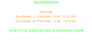 WELPENGRUPPEN  Samstags Die Kleinen   2– 4 Monate  10.00 - 11.30 Uhr Die Großen  ab 4 Monaten  12.00 - 13.30 Uhr betreuen  ALINE FETTIG, SONJA LECHNER  &  KATHERINA CROMM Mehr Infos auf unserer großen Welpenseite !!!